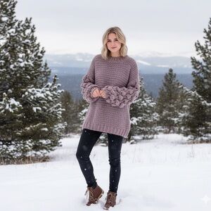 Macaron gray bubble-sleeve knit soft sweater Small BOHO grey hand knit Pom Pom